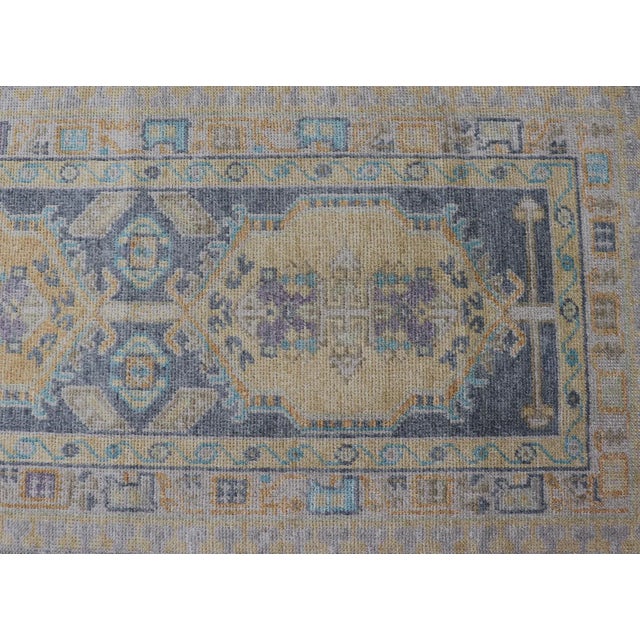 Textile Turkish Oushak Runner in Pale Blue and Soft Gold Medallion Design 2'7 X 12'1 For Sale - Image 7 of 11