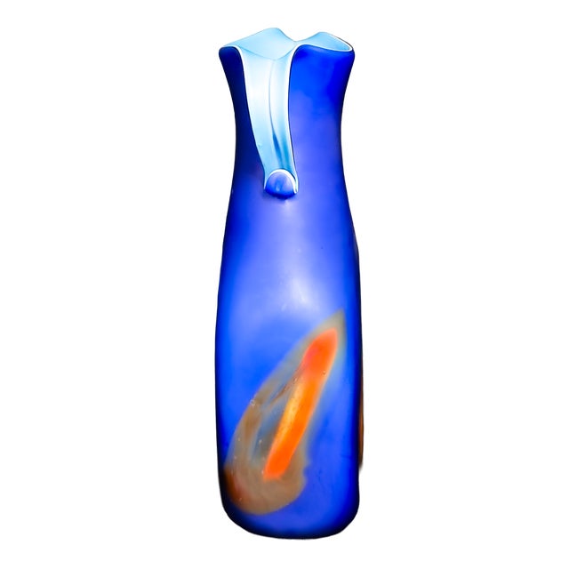 Mid 20th Century Mid 20th Century Azerbaijani Art Glass Vase – Cobalt Blue With Flame Inclusions & Applied Handles For Sale - Image 5 of 11