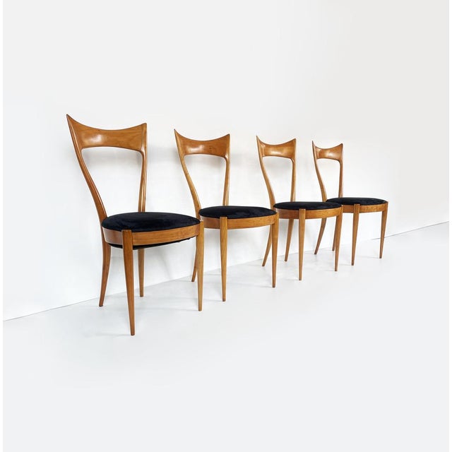 Unique art deco chairs from 1950-1960, made entirely of beech wood with dark blue velvet seat upholstery. dimensions: h 90...