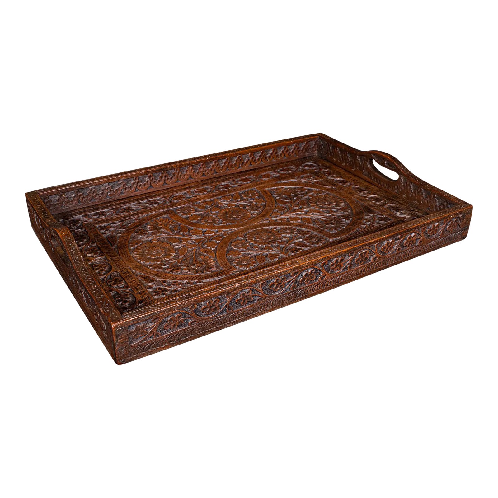 Antique Carved Serving Tray, Anglo-Indian, Teak Afternoon Tea