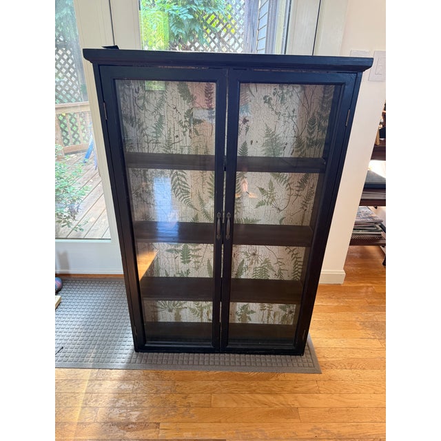 Early 20th Century Black Glass Curio Cabinet With Botanical Fern Interior | Slim Display Cabinet For Sale In Boston - Image 6 of 8