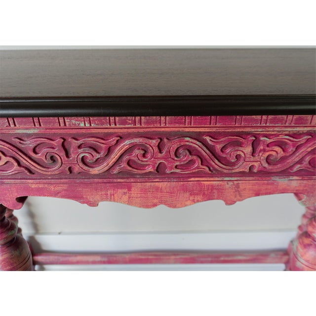 Dark Pink Antique Console Table With Ornate Carved Details For Sale - Image 8 of 16