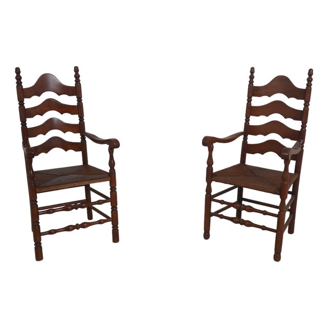 Pair Cherry Ladder Back Style Rush Seat Armchairs For Sale