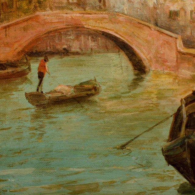 "Venice In May" - Venice canal scene with 3 gondolas, bridge and large buildings. - Oil on canvas, signed lower right....