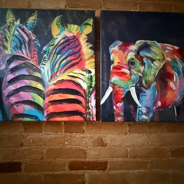 Vintage Vibrant Safari Elephant and Giraffe on Glossy Canvas Set by Sought After Tracy Miller - Set of 2 For Sale - Image 12 of 13