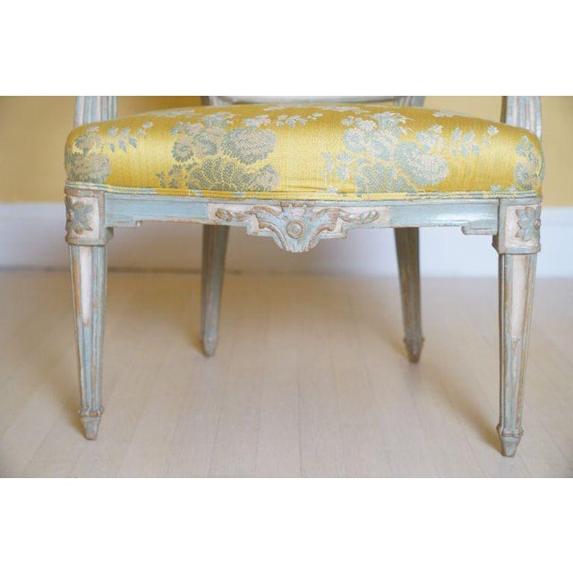 19th C. Louis XVI Style Silk Upholstered Painted Fauteuils - Set of 2 For Sale - Image 9 of 15
