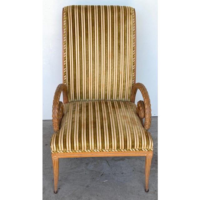 Neoclassical Pair French Modern Carved Feather Scroll Arm Lounge Chairs, Style Maison Jansen For Sale - Image 3 of 18
