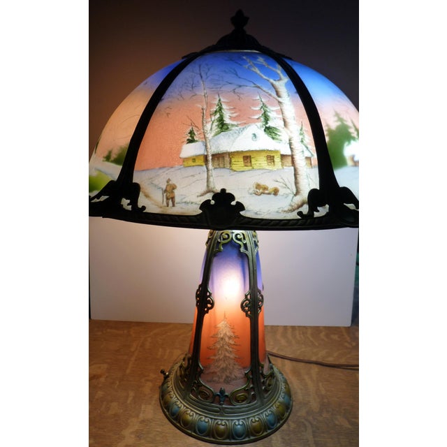 1910s Miller Phoenix Art Deco Winter Landscape Reverse Painted Lamp Penny Marshall Estate– Ice Chip Glass – Illuminated Base – For Sale - Image 17 of 18