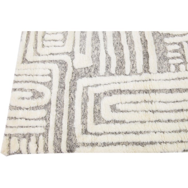 Modern Moroccan Style Handmade Ivory Wool Rug With Abstract Motif by Apadana For Sale - Image 4 of 8