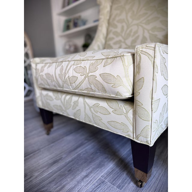 Custom Pair Pearson Wingback Jacquard Leaf Vine Transitional Chairs For Sale - Image 10 of 15