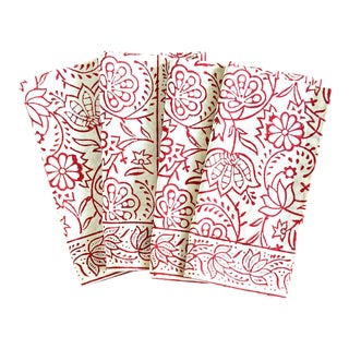 White & Red Block Print Dinner Napkins - Set of 4 For Sale