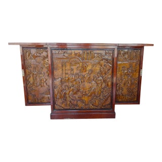 Asian Chinese Hand Carved Dry Bar Folding Flip Top 20th Century For Sale