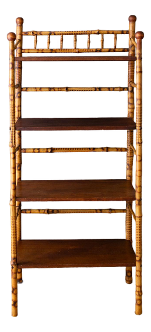 Four Tiered Scorched Bamboo Victorian Aesthetic Movement Stick and Ball Etagere Shelf