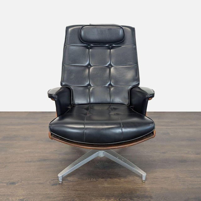 Heywood-Wakefield Vintage Heywood-Wakefield Mid Century Modern Black Leather Lounge Chair & Ottoman For Sale - Image 4 of 18