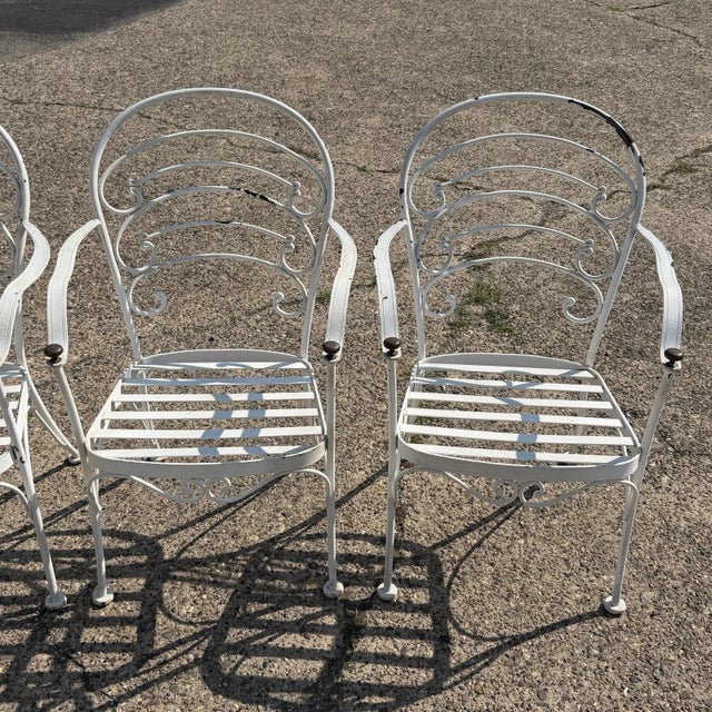Late 20th Century Late 20th Century Wrought Iron Scrolling Patio Dining Arm Chairs by Crown Leisure - Set of 4 For Sale - Image 5 of 18