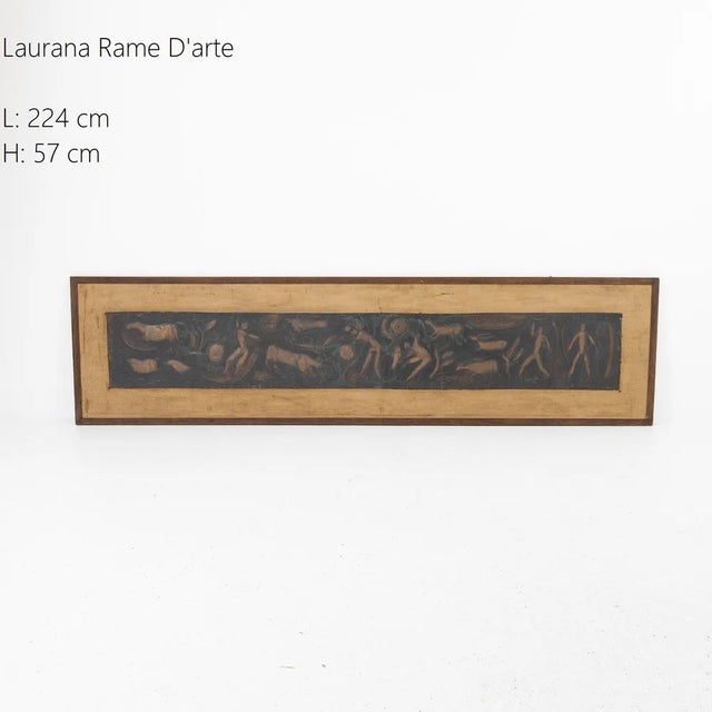 Copper panel with embossed decorations on the theme of hunting applied on a walnut panel and beige fabric. Production...