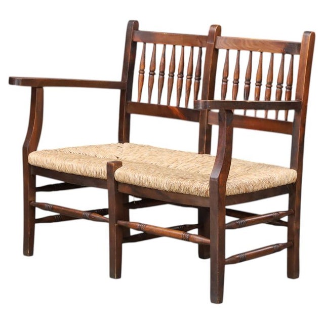 French Patinated Beech and Rush 2-Seat Bench, France, 1950s For Sale - Image 11 of 11