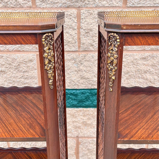 French Vintage French Etagere Bookcases With Brass Lattice Sides and Gallery Railing - A Pair For Sale - Image 3 of 7