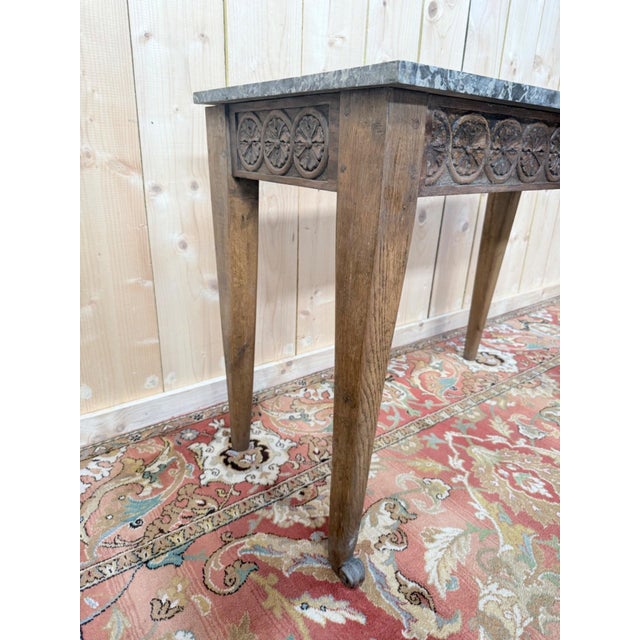 Louis XVI Style Entryway Console Table in Carved Oak with Marble Top For Sale - Image 4 of 6