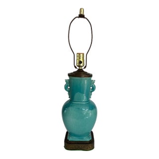 Early 20th Century Chinese Art Deco Turquoise Craquelure Porcelain Vase Lamp For Sale
