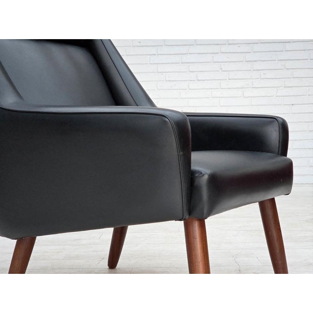 Wood Danish Highback Armchair in Black Leatherette and Teak, 1970s For Sale - Image 7 of 18