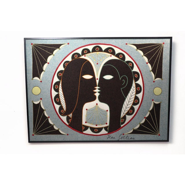 Handwoven in polychrome wool marquetry, this 2x3 framed vintage French tapestry titled “Les Amoureux de Villefranche” is...