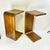 A beautiful contemporary pair of Teak Bentwood Drinks Tables. The angular design is from the postmodern era of the 1980s...