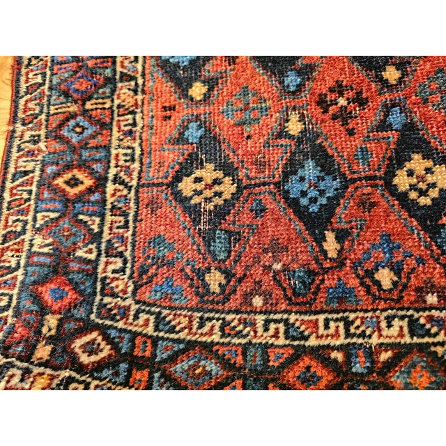 Vintage Persian Kurdish Saddlebag Bagface Tribal Rug, Hand-Knotted Wool, Geometric Pattern, Burgundy & Navy, 2x2 For Sale In Chicago - Image 6 of 10