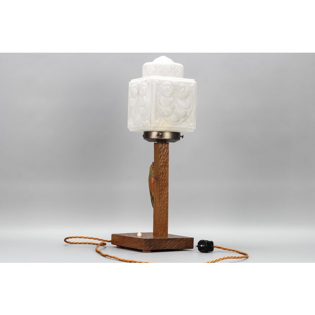 Art Deco Wooden and Frosted Glass Table Lamp with a Woodpecker, 1930s For Sale - Image 12 of 18