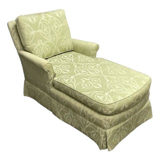 Custom Celadon Green Damask Upholstered Reading Chaise Lounge With Rolled Arms For Sale