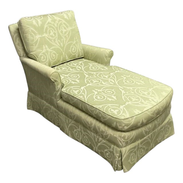 Custom Celadon Green Damask Upholstered Reading Chaise Lounge With Rolled Arms For Sale
