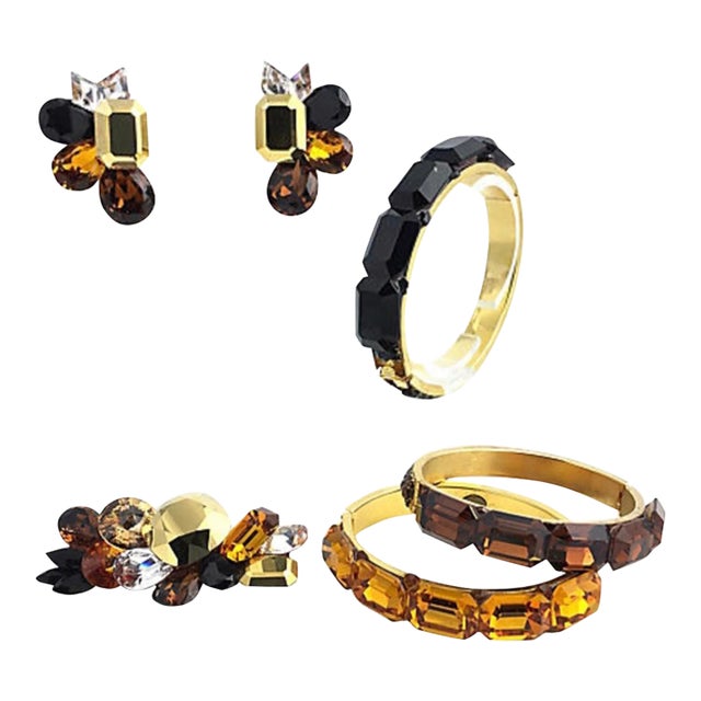 1980s Wendy Gell Yellow, Brown, and Black Bangles, Earrings, Brooch Jewelry Set - 6 Pieces For Sale