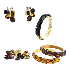 1980s Wendy Gell Yellow, Brown, and Black Bangles, Earrings, Brooch Jewelry Set - 6 Pieces