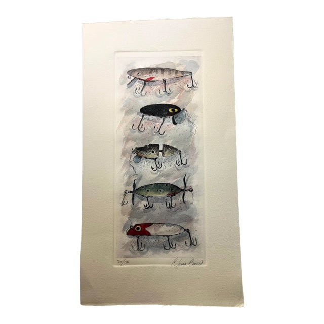 Contemporary Fishing Lures Hand Colored Etching Art Print For Sale