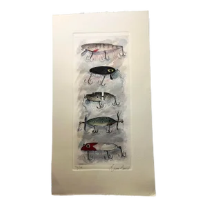 Contemporary Fishing Lures Hand Colored Etching Art Print