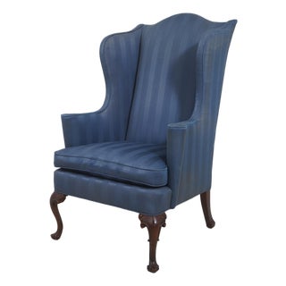 Southwood Blue Upholstered French Foot Mahogany Wing Chair For Sale