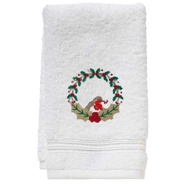 2020s Christmas Robin Wreath Terry Guest Towel, Embroidered For Sale - Image 5 of 5