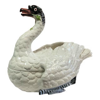 Italian Chelsea House Swan Form Pottery Porcelain Tureen Styled After Meissen For Sale