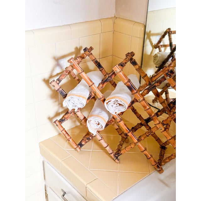 Vintage Burnt Tortoise or Scorched Bamboo Collapsable 8 Bottle Wine Rack For Sale - Image 10 of 11