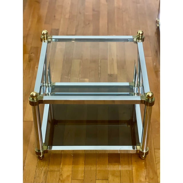Mid Century Maison Jansen Style Two Tier Brass and Chrome Glass Square Tables, Pair For Sale - Image 10 of 12