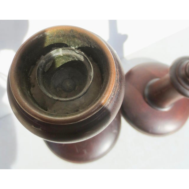 Chocolate English Arts and Crafts Oak Candlesticks- A Pair of 2 For Sale - Image 8 of 10