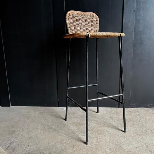 Vintage High Stool with Wicker Backrest and Seat, 1960s For Sale - Image 6 of 8