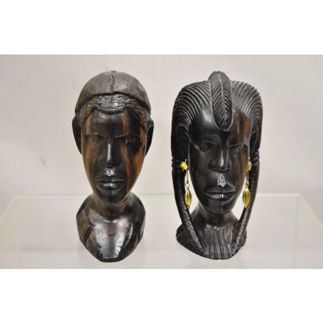 Traditional Vintage African Carved Ebony Wood Male and Female Bust Statue Sculptures- Set of 2 For Sale - Image 3 of 10