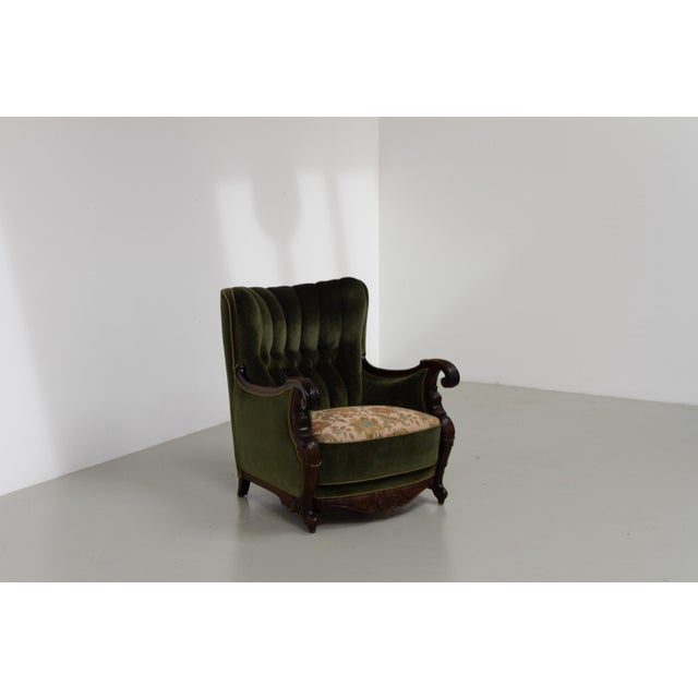 1920s Danish Carved Lounge Chair in Green Velvet, 1920s For Sale - Image 5 of 18