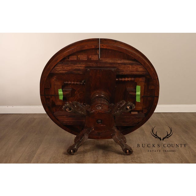 Antique 57" Round Oak Pedestal Dining Table With Carved Claw Feet For Sale - Image 10 of 18