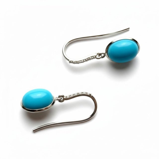 Modern 14k White Gold Oval Natural Turquoise & Diamond Shepherd Hoop Earrings, A Pair For Sale - Image 3 of 8