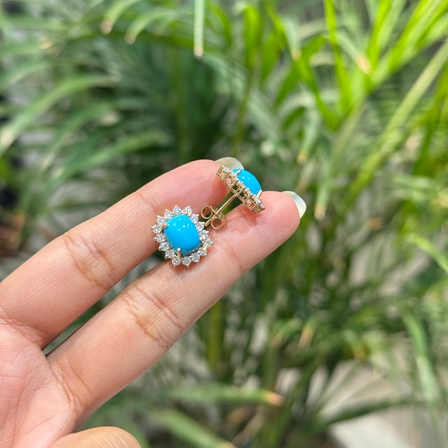 4ct Cushion Cut Natural Turquoise Diamond Halo Stud Earrings in 14k Yellow Gold- 2 Pieces For Sale In New York - Image 6 of 16