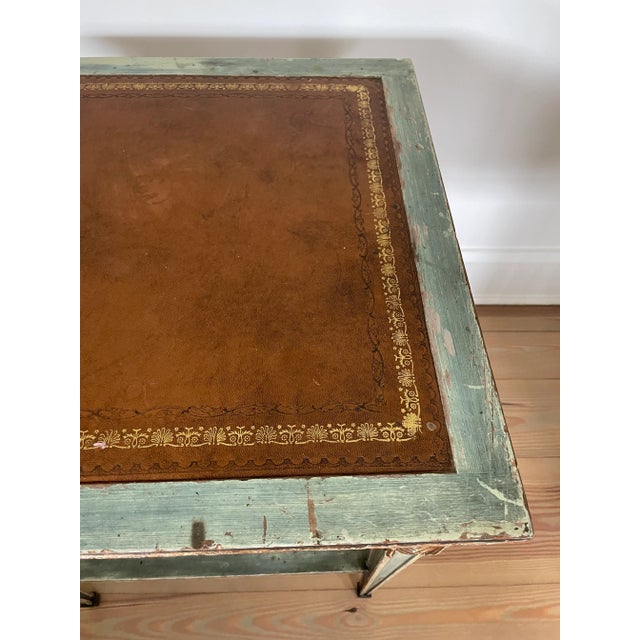 1990s Vintage French Empire Distressed Green Patina and Leather Tooled Inset Side Table For Sale In New York - Image 6 of 9