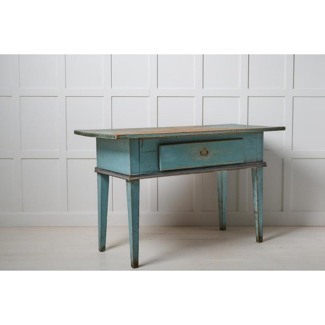 Antique Classic Folk Art Gustavian Swedish Turquoise Table with a Drawer For Sale - Image 4 of 10