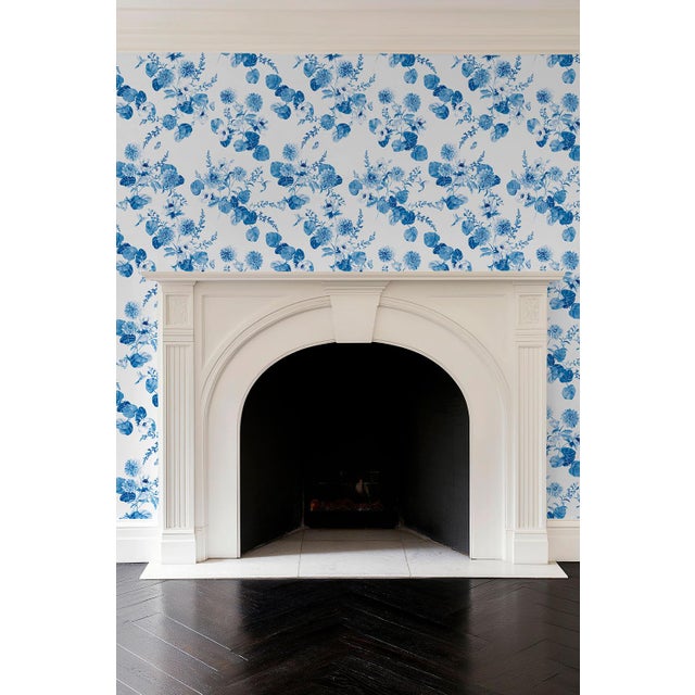 French Chirp Society Floral Grasscloth Wallpaper by House Party | French Blue | 6 Yards For Sale - Image 3 of 9